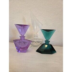 Vintage Art Deco Crystal Cut Perfume Bottle Set w/ Neodymium Alexandrite Glass